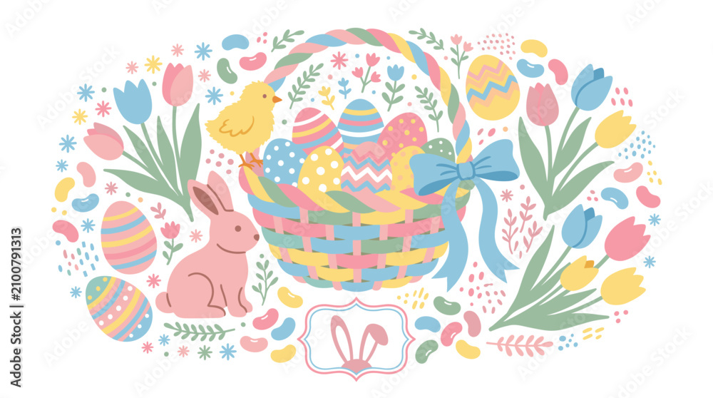 Fototapeta premium spring and easter vector icons with basket, eggs and bunny for branding design in pastel illustration style