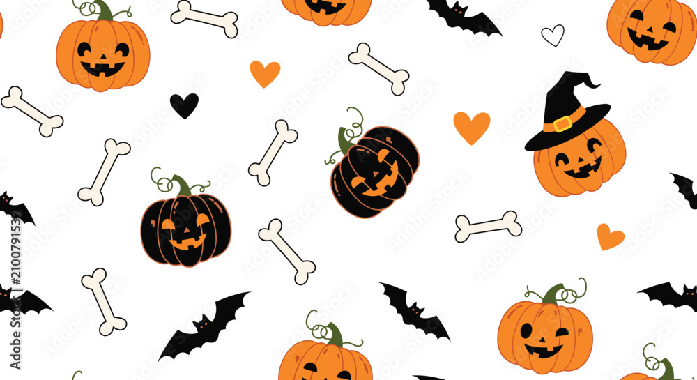 Fototapeta premium Carved pumpkins black bats white bones and orange hearts on a white base form a fun halloween seamless pattern.