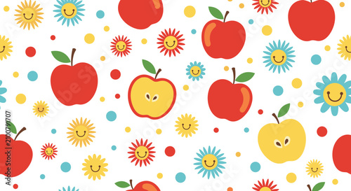 Seamless pattern with red and yellow apples whole and halved with smiling sunflower like characters and dots.