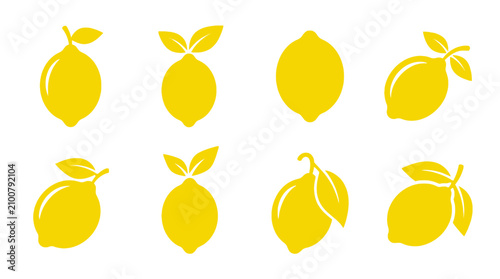 Bild auf Leinwand Simple yellow lemon fruit icons with leaves.