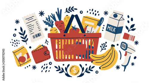 Shopping and groceries concept icons with basket, receipt and fresh food for infographic design
