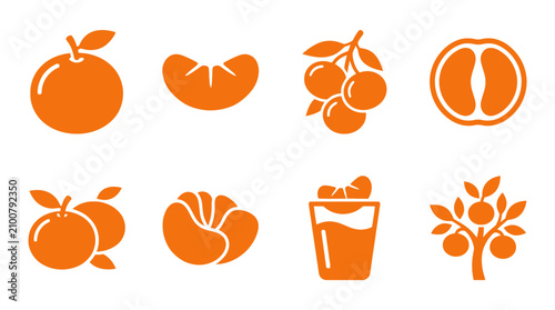 фотографія Orange fruit icons with juice glass and tree.