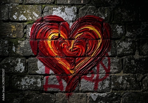Colorful heart graffiti on textured brick wall in urban setting  