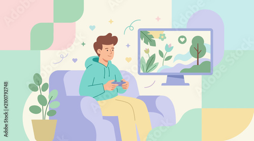 Foto Young man playing video games on sofa in living room.