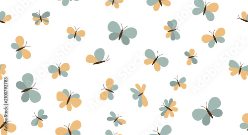 Elegant seamless pattern of delicate pastel colored butterflies flying across a clean white background suitable for spring and summer fabric designs.