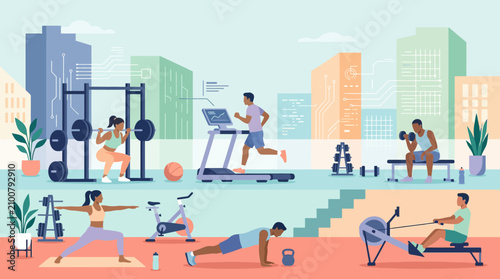 Fotografía Diverse group of people exercising in a spacious urban gym.