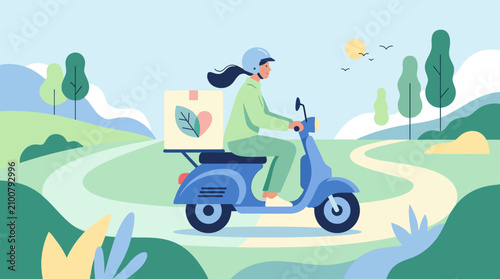 Fotografía Delivery rider on blue scooter driving through winding landscape.