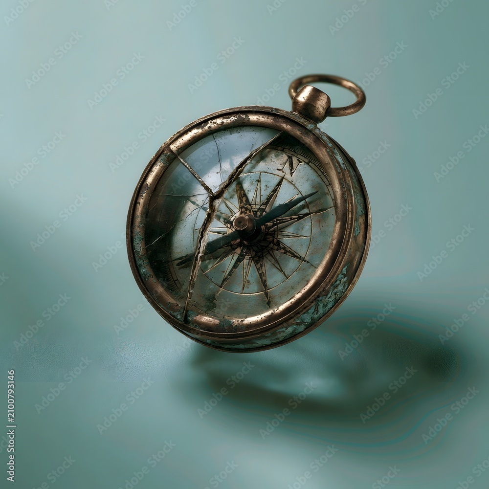 Fototapeta premium Cracked brass compass glass with engraved initial on sage green