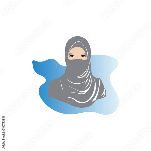 Bild auf Leinwand A woman wearing a gray hijab and niqab stands alone in a blue environment
