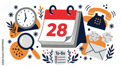 Organization and productivity concept icons with calendar, clock and magnifier for office design in colorful vector art