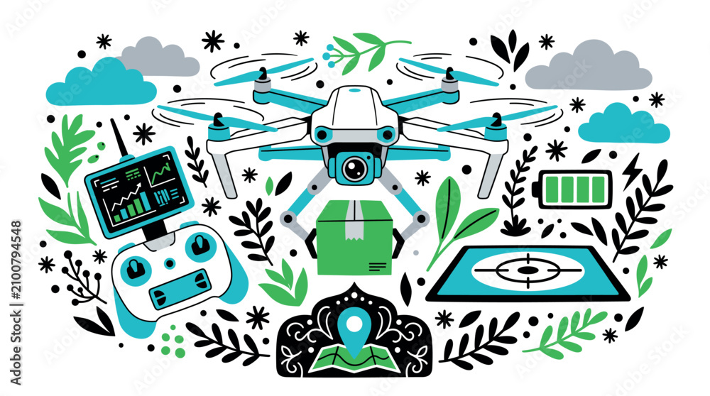 Fototapeta premium Drone and technology concept icons with flying quadcopter, remote control and map for web design in modern illustration