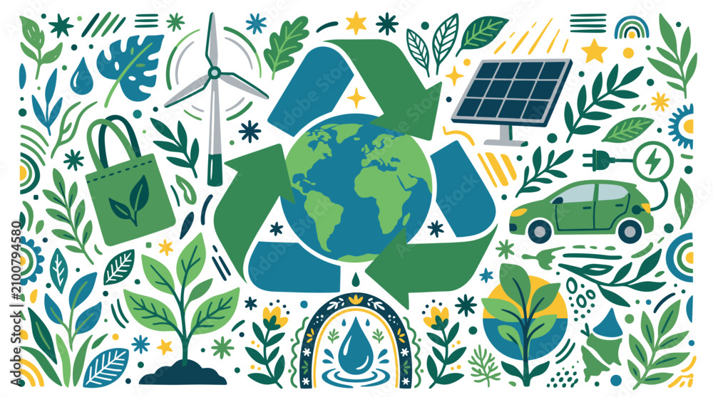 Obraz premium Ecology and renewable energy concept icons with recycling, solar panel and electric car for infographic design in colorful vector art