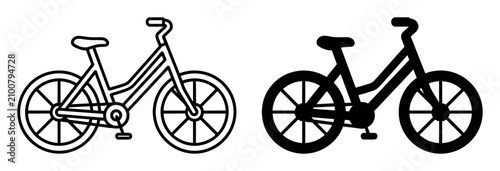 Simple black and white line art and silhouette bicycles side by side on transparent background