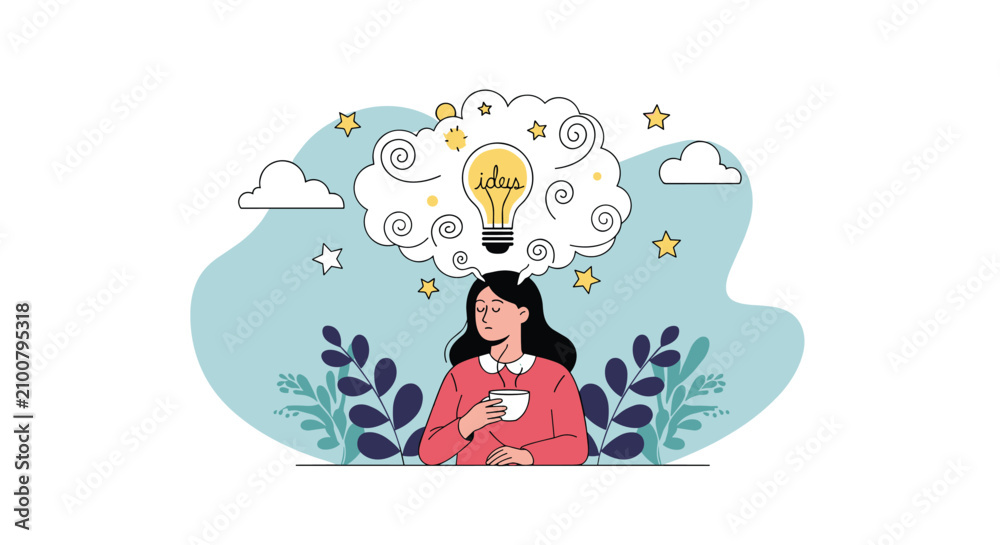 Naklejka premium Young woman enjoying a warm cup of coffee while having creative ideas represented by a light bulb in a thought cloud.
