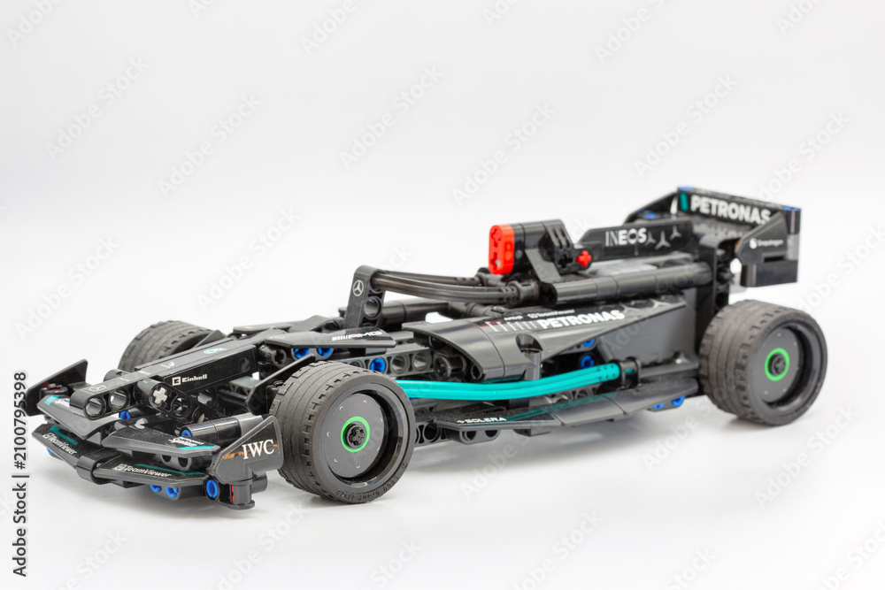 Obraz premium LEGO Technic Mercedes-AMG Formula One racing car construction kit closeup.