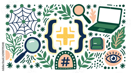 Coding and technology vector icons with laptop, magnifying glass and hashtag for web design in colorful illustration style
