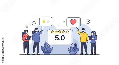 Four happy customers holding positive review icons next to a giant feedback board showing a perfect five stars rating.