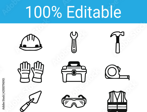 9 Construction Industrial work tools icon set, black silhouettes of different equipment vector, repair service toolbox symbols, use able for labor day elements design 100% editable 