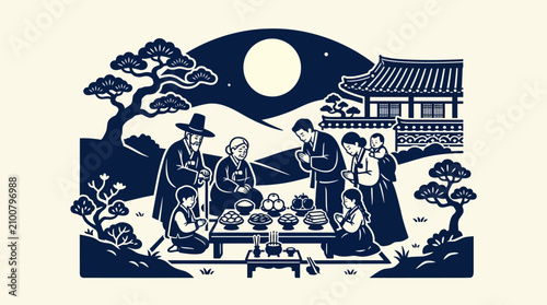 Foto Korean Family Gathering Under Moon, Traditional Ceremony, Ancestor Worship