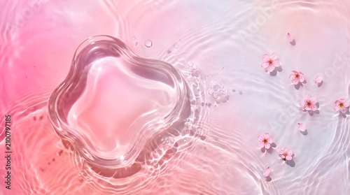 Rose pink water flatlay with amorphous cosmetic podium and flowers