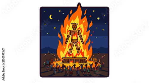 Fotografie Pixel art bonfire festival with burning effigy and crowd at night