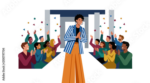 Cuadro en lienzo Woman receives applause on stage, celebration, confetti falling, business succes
