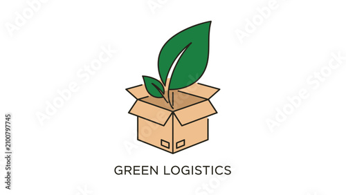 An illustration of a cardboard box with a green plant growing out of it, symbolizing green logistics and eco-friendly shipping practices.