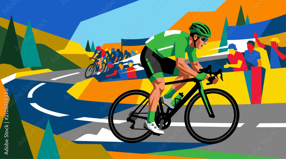 Fototapeta premium Cyclist in green jersey racing on mountain road, colorful abstract landscape background