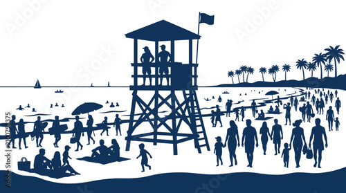 Lifeguard tower on crowded beach with people enjoying summer vacation, palm trees and ocean waves