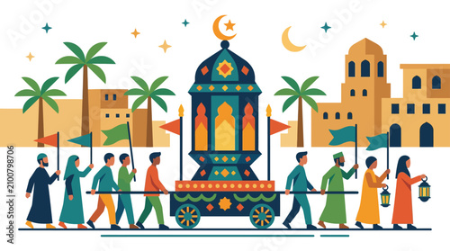 Foto Islamic Ramadan Festival Parade with Lanterns and Mosque Architecture