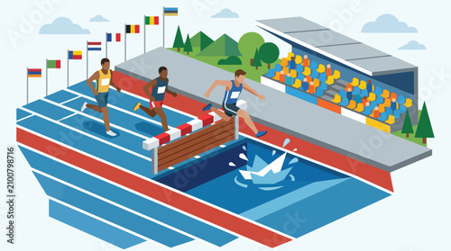 Foto Athletes compete in steeplechase race on track with flags and stadium