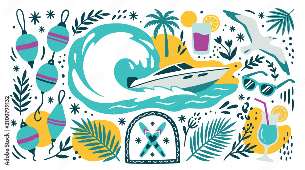 Obraz premium summer and vacation vector icons with boat, cocktail and sunglasses for mobile app design in colorful flat illustration style