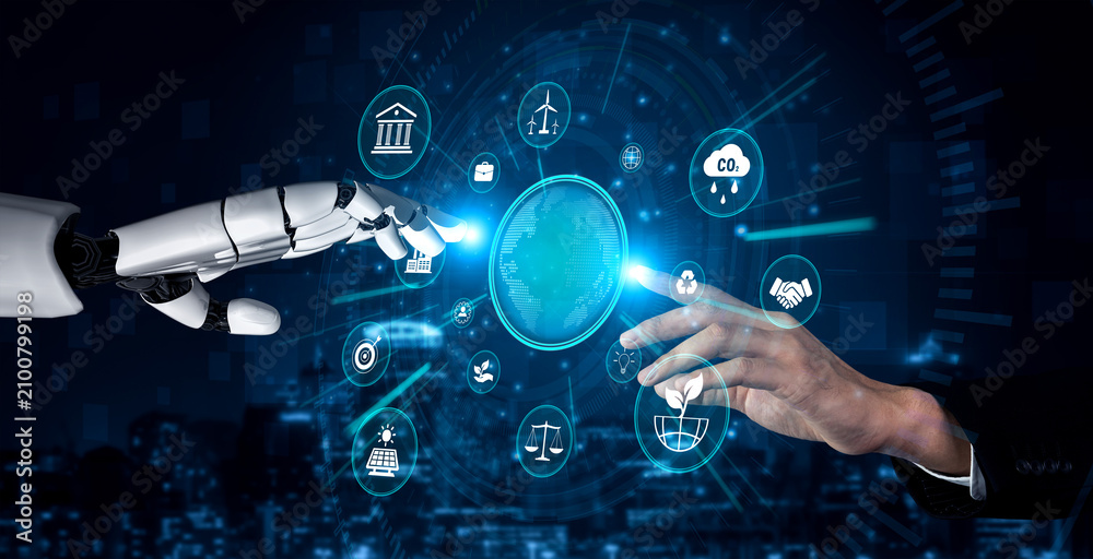 Fototapeta premium Futuristic Interaction Between Robot Hand and Human Hand with Digital Icons Symbolizing Technology, Finance, and Communication. Sentient.