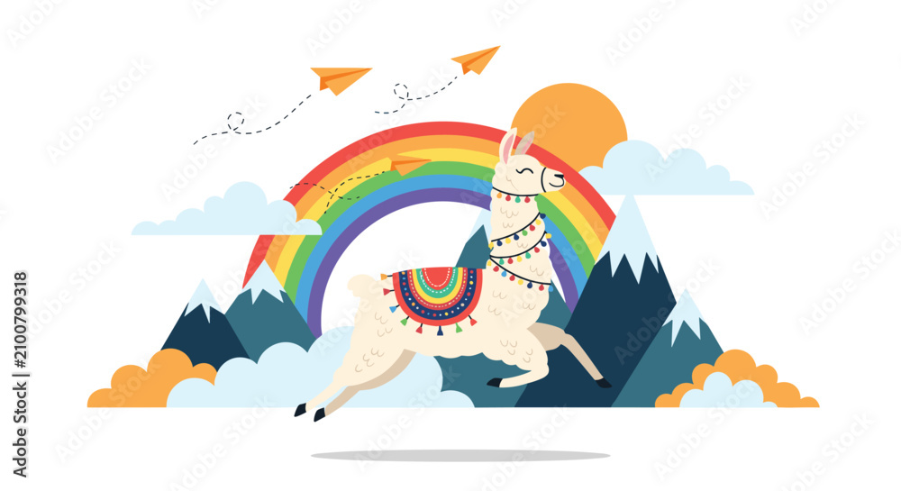 Obraz premium Cheerful white llama wearing a colorful saddle jumping in a mountain landscape with a rainbow and paper planes.