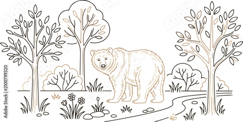 Canvas Print Bear standing in a minimalist forest landscape, two-tone line art vector illustr