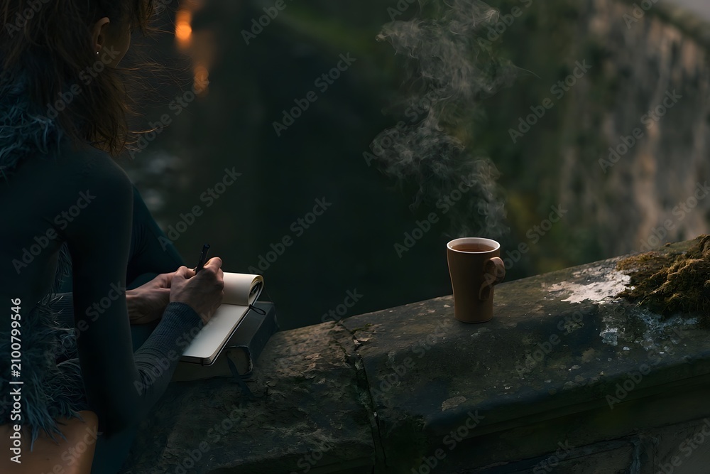 Fototapeta premium Woman journaling in notebook on stone bridge over canal at dusk