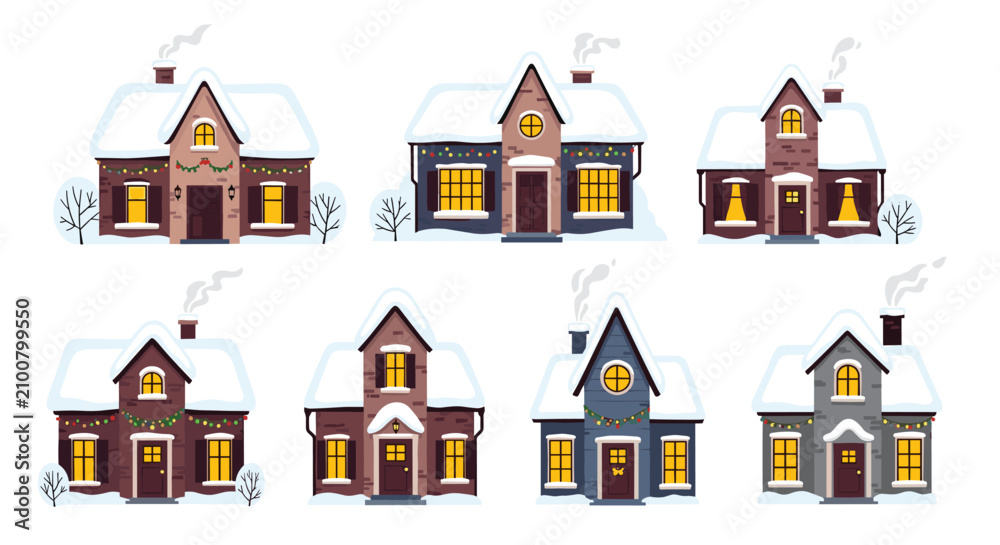 Naklejka premium Charming collection of various cozy winter houses with snow-covered roofs and glowing windows against a white background.