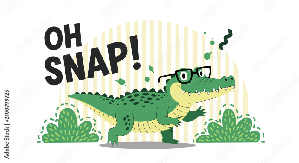 Fototapeta premium Fun cartoon crocodile character wearing black rimmed glasses walking against a striped background with the text oh snap.