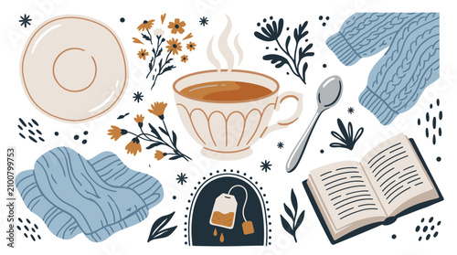 cozy and relaxing vector icons with teacup, sweater and book for presentation design in hand drawn style