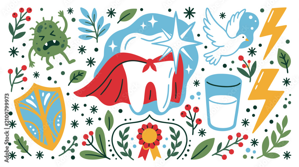 Fototapeta premium Health and protection concept icons with tooth, shield and dove for medical infographic in bright vector illustration
