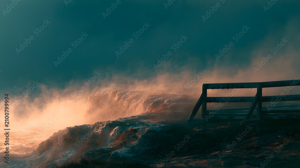 Fototapeta premium Steam rising from geothermal hot spring terrace at blue hour