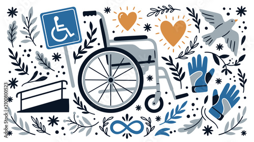 accessibility and disability concept icons with wheelchair, ramp and gloves for infographic in soft colorful illustration style
