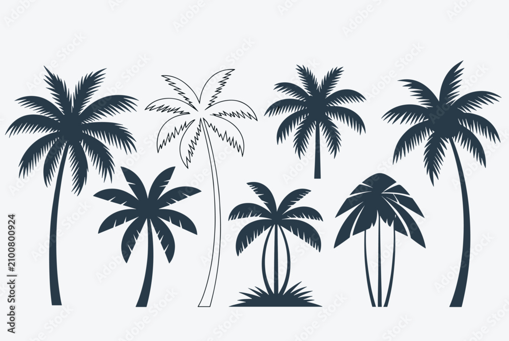 Naklejka premium Collection of black palm tree silhouettes in various shapes and designs, perfect for summer vacation and tropical travel layouts.