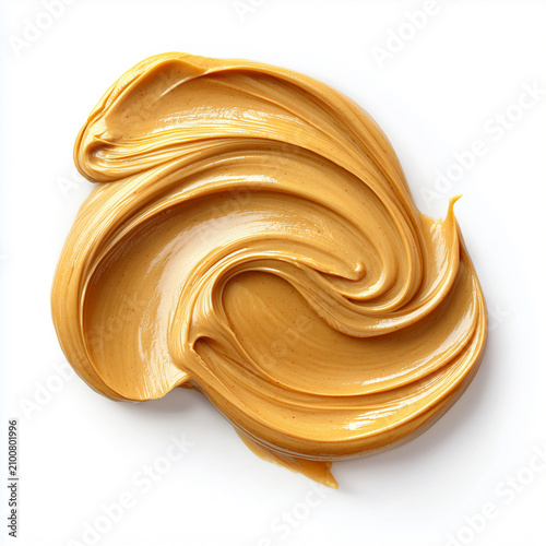 A smooth swirl of creamy peanut butter showing rich brown color and detailed textured ripples from a top down view isolated cleanly on a solid white background