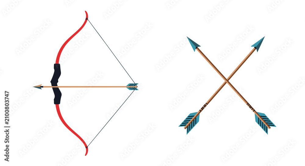 Obraz premium Archery set illustration displaying a traditional red bow with an arrow and two crossed arrows on a white canvas.