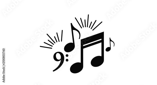 Floating black music notes and bass clef with energetic decorative rays on a clean white background.