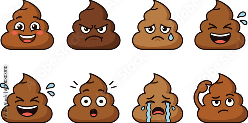 Bild auf Leinwand Set of eight cartoon poop emojis with various facial expressions on white backgr