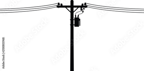 Single electrical utility pole with transformer and power lines on white background