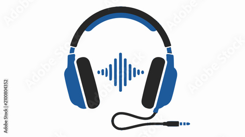 Konstfotografi Blue headphones with digital sound wave graphic.
