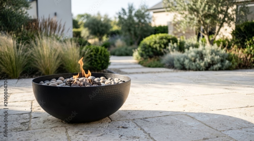 Fototapeta premium Modern black hammered metal fire bowl with low flame on stone patio overlooking a minimalist landscaped garden, contemporary outdoor living space